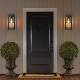 Dark wooden door with wall lights and decorative plants on a wooden deck.